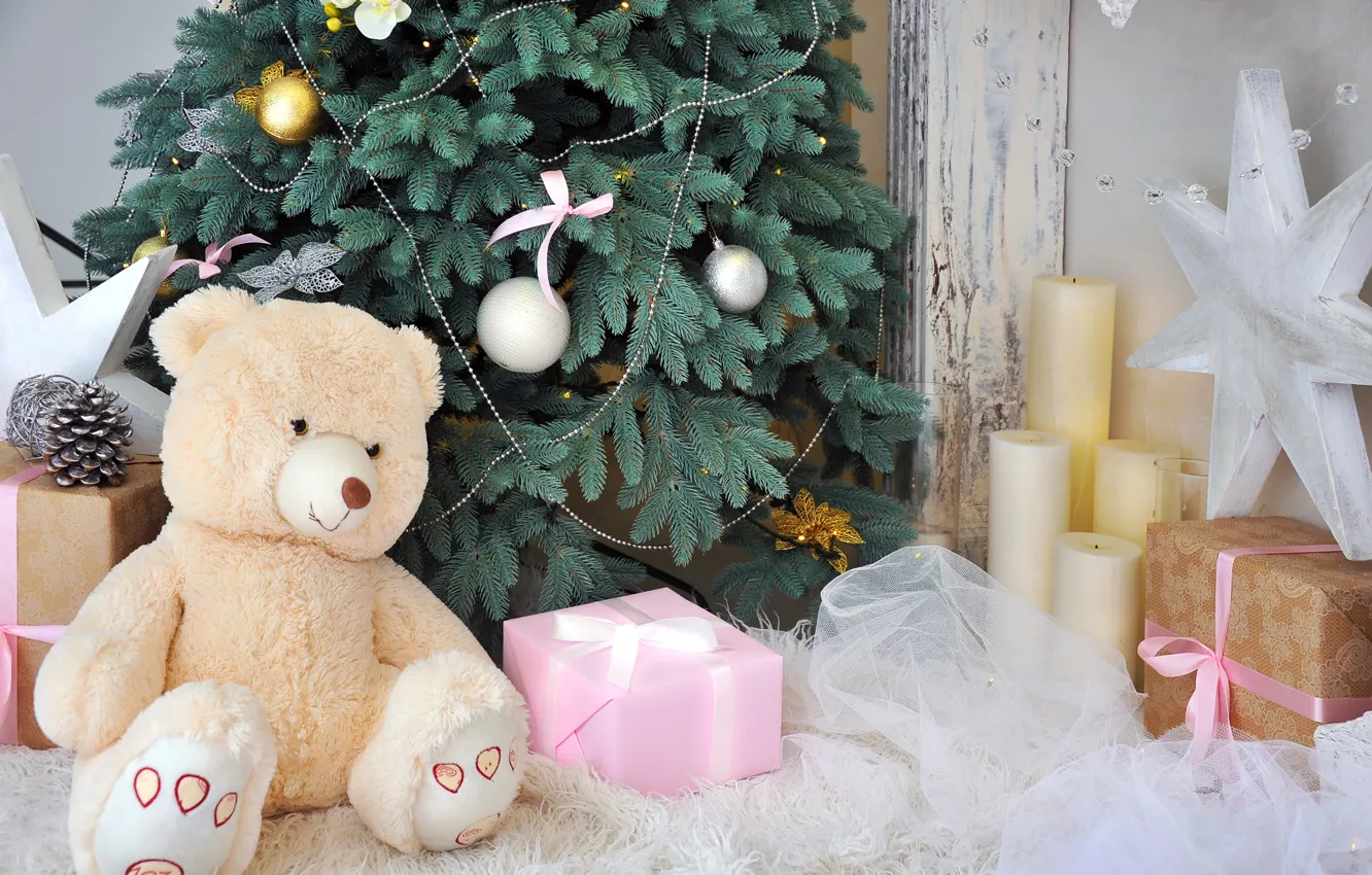 Фото обои украшения, елка, Новый Год, Рождество, мишка, подарки, happy, Christmas