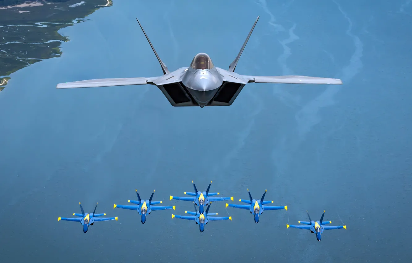 Фото обои Blue Angels, многоцелевой истребитель пятого поколения, Lockheed/Boeing F-22 Raptor, Голубые Ангелы, авиационная группа высшего пилотажа