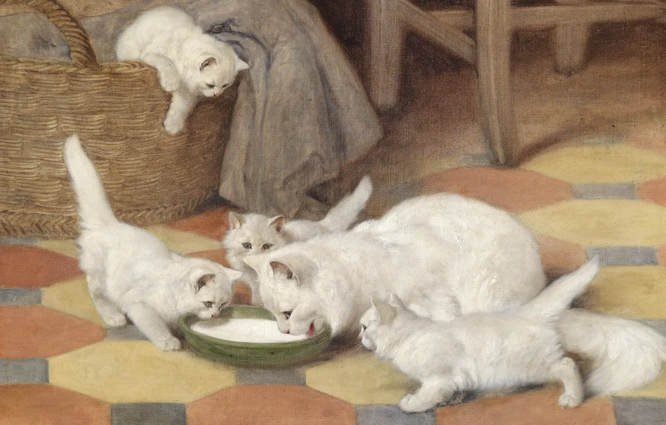 Фото обои кошка, картина, семья, арт, котята, белая, пушистая, Mother and Kittens Drinking Milk