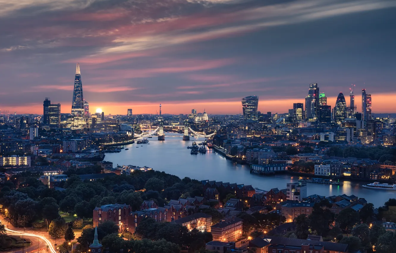 Фото обои река, Англия, Лондон, панорама, Темза, ночной город, Тауэрский мост, Tower Bridge
