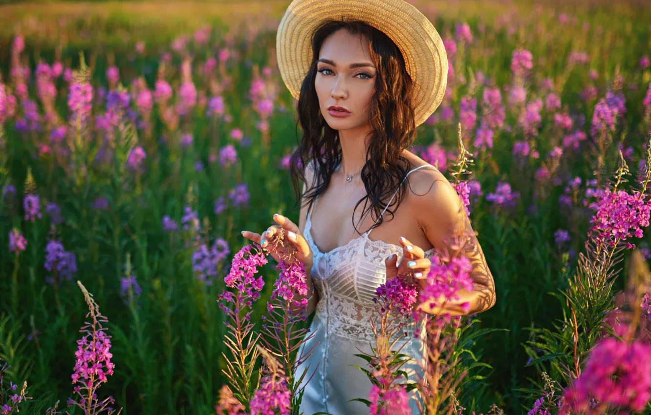 Фото обои взгляд, девушка, цветы, поза, луг, шляпка, Sergey Fat, Сергей Жирнов