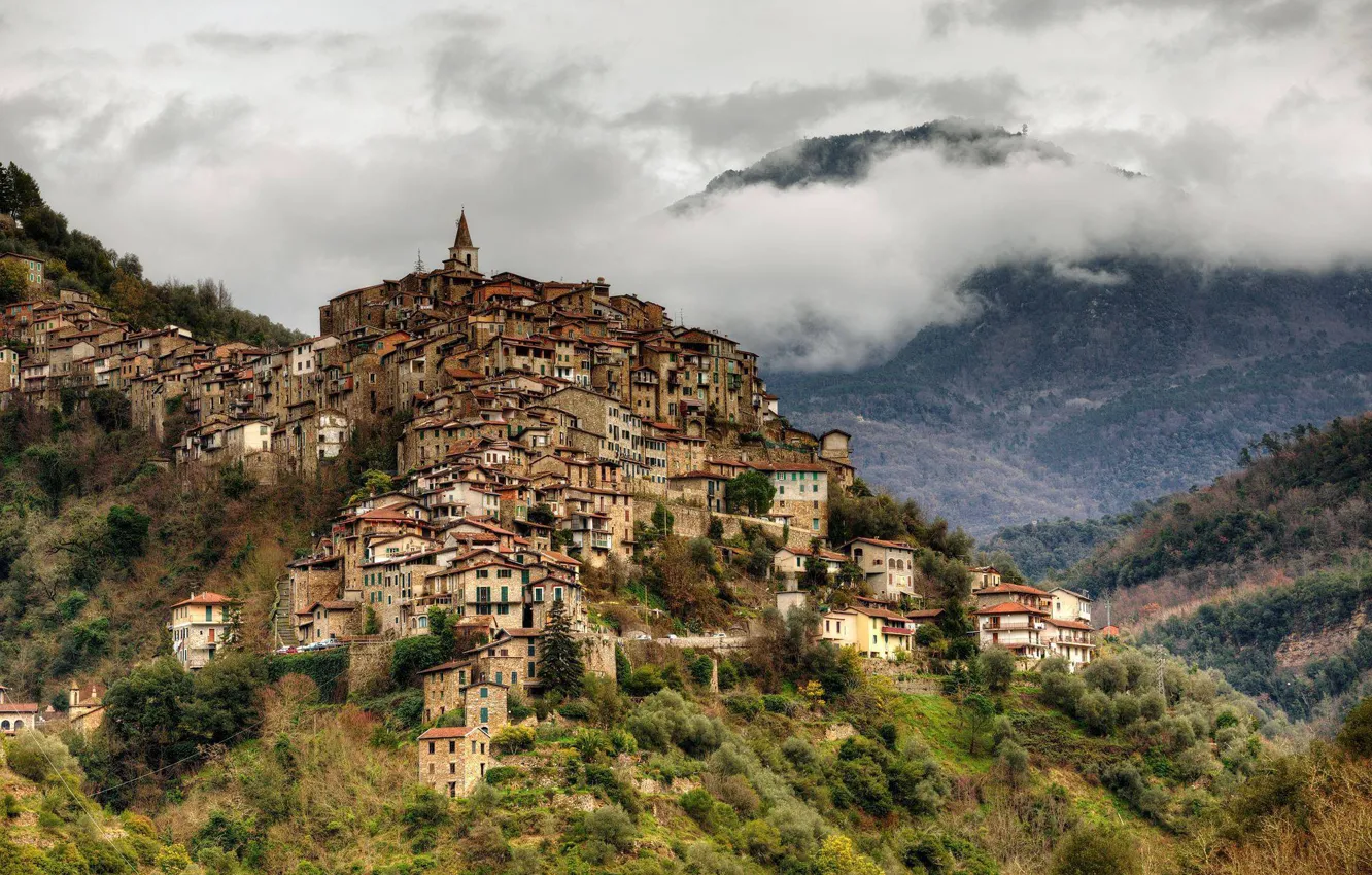 Фото обои горы, дома, Италия, Italy, Лигурия, Liguria, Apricale, Априкале