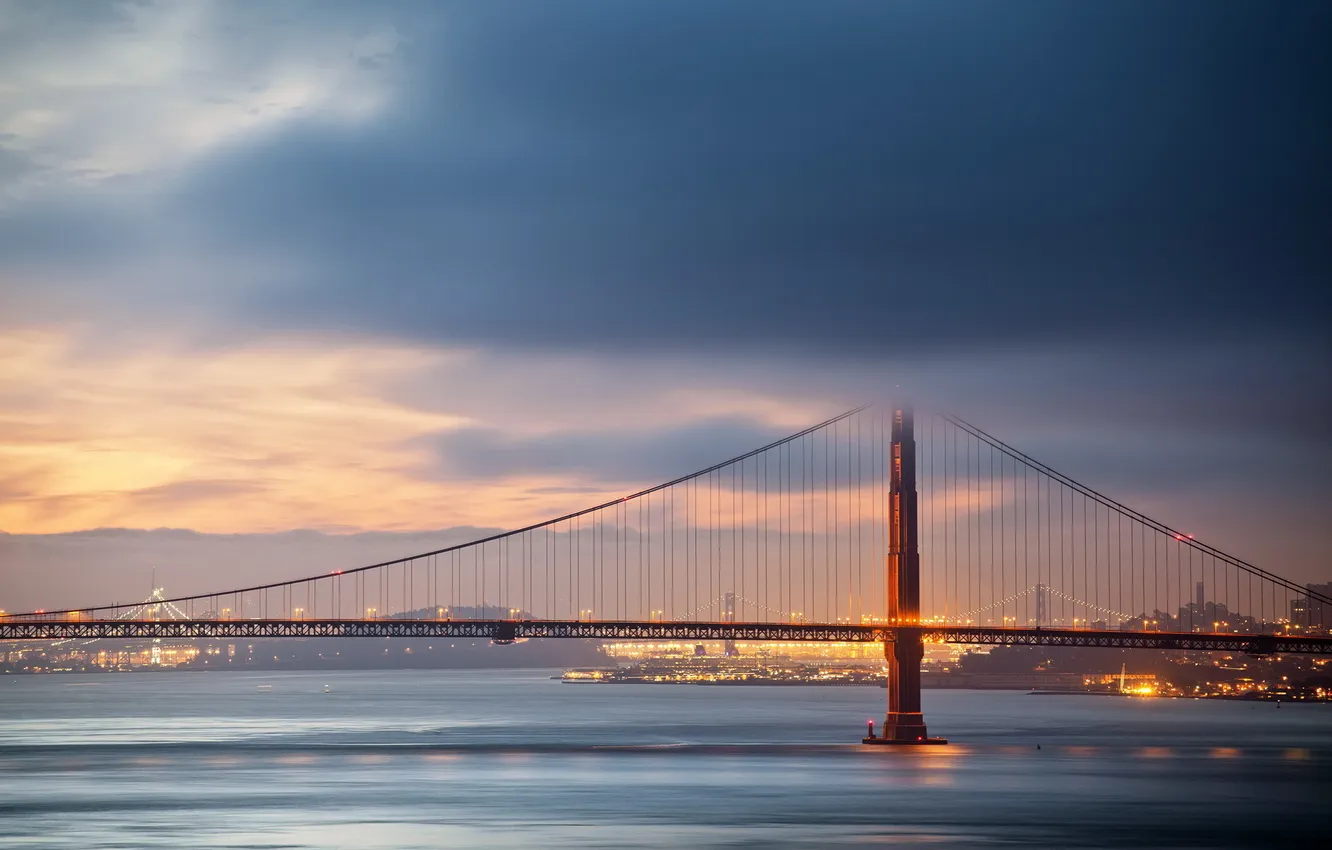 Фото обои закат, город, The Golden Gate Bridge
