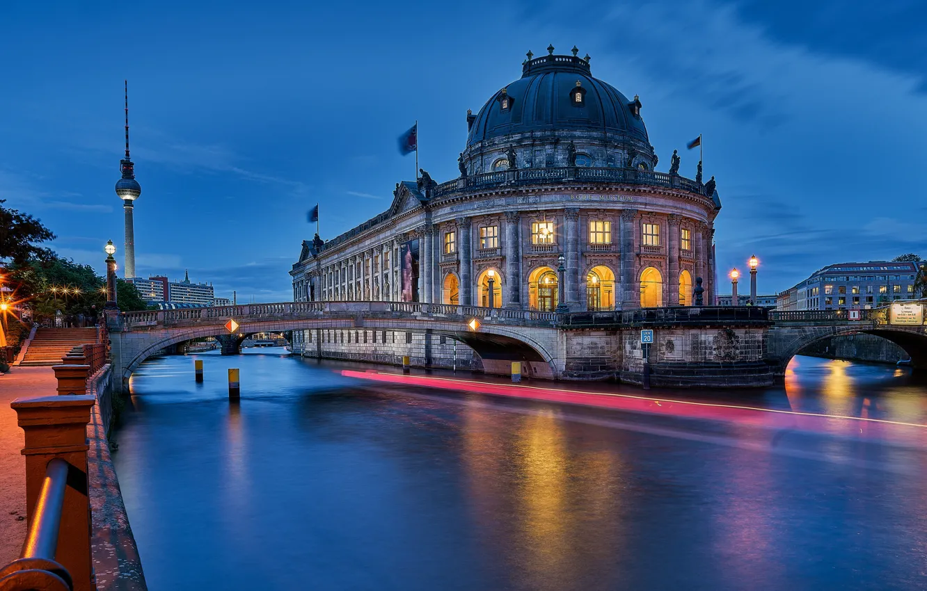 Фото обои мост, река, вечер, Германия, Берлин, Bode-Museum