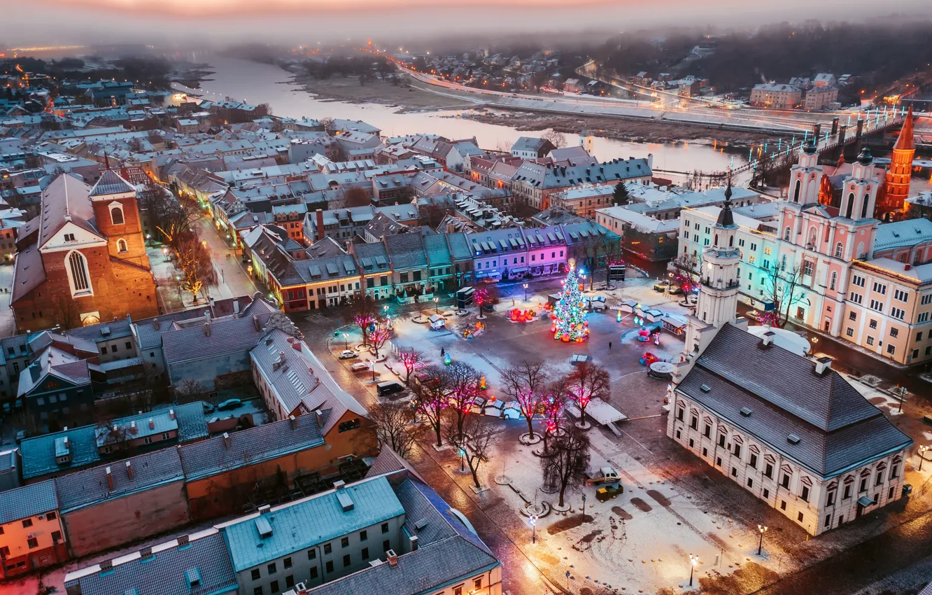 Фото обои зима, город, ёлка, Lietuva, Kaunas