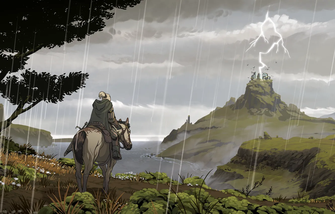 Фото обои Лошадь, Рисунок, Человек, Молния, Дождь, Конь, Холмы, Пейзаж