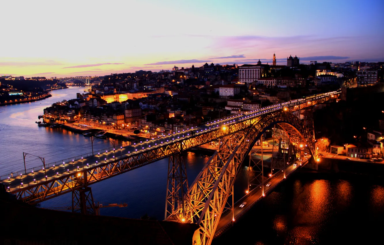 Фото обои закат, мост, город, река, вечер, river, bridge, sunset