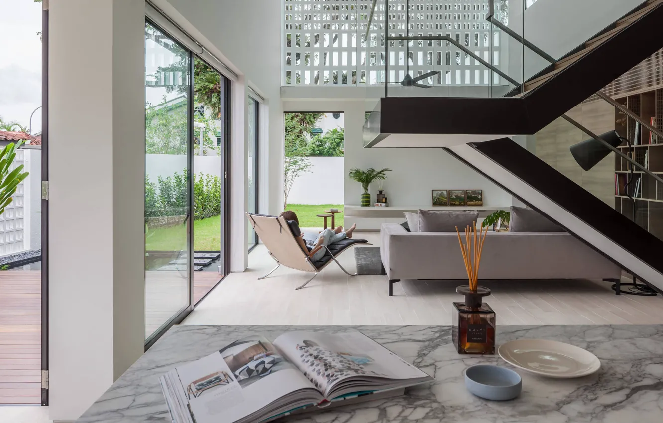 Фото обои дизайн, стиль, интерьер, Сингапур, гостиная, Through House iin Singapore, by Materium
