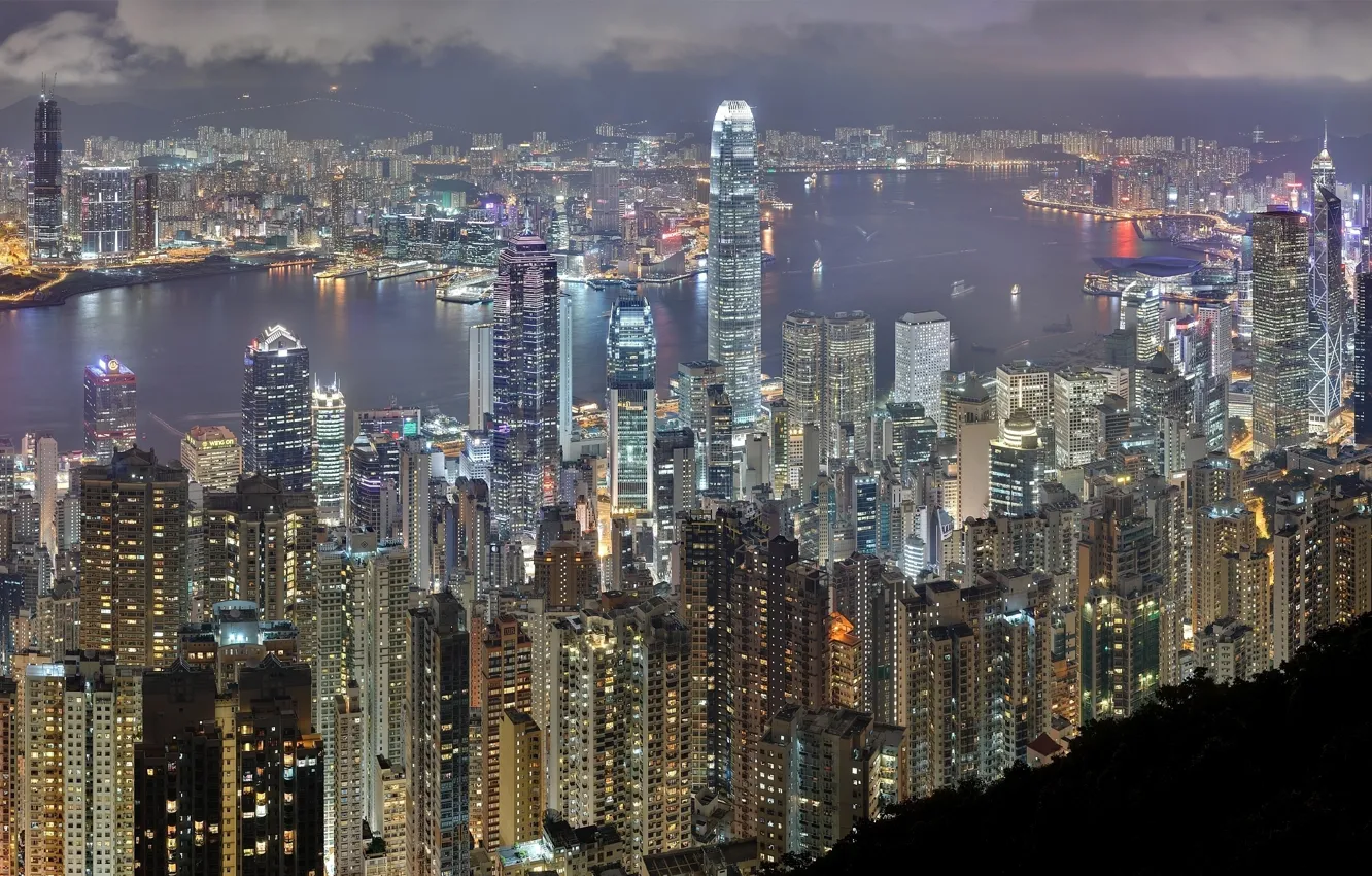 Фото обои ночь, здания, Гонконг, небоскребы