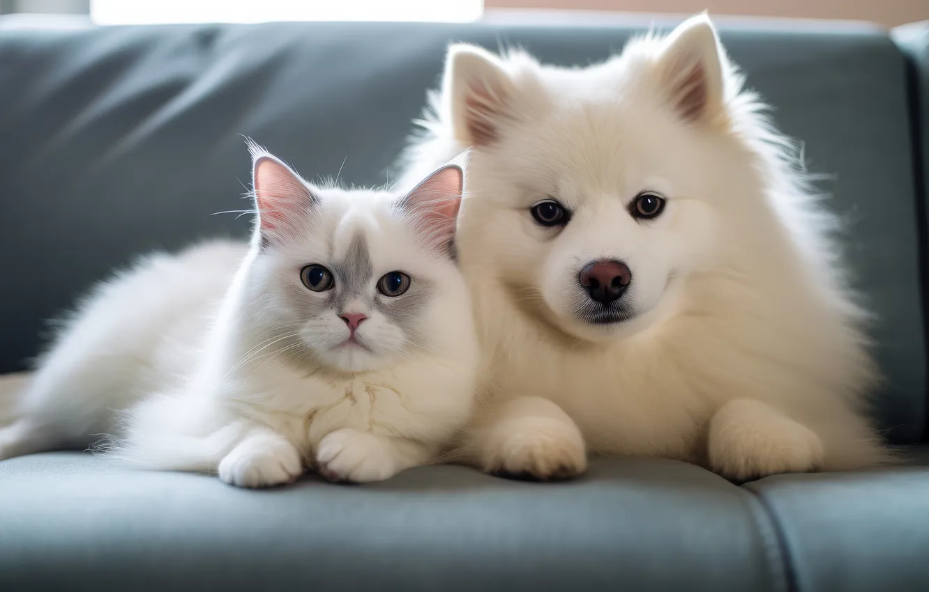 Фото обои кошка, взгляд, цветы, поза, котенок, собака, щенок, парочка