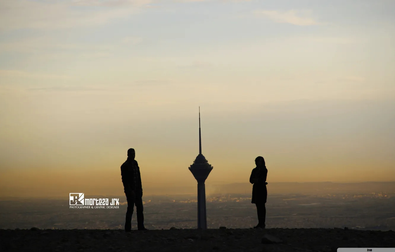 Фото обои city, dark, tower, sunset, view, capital, persia, boy and girl