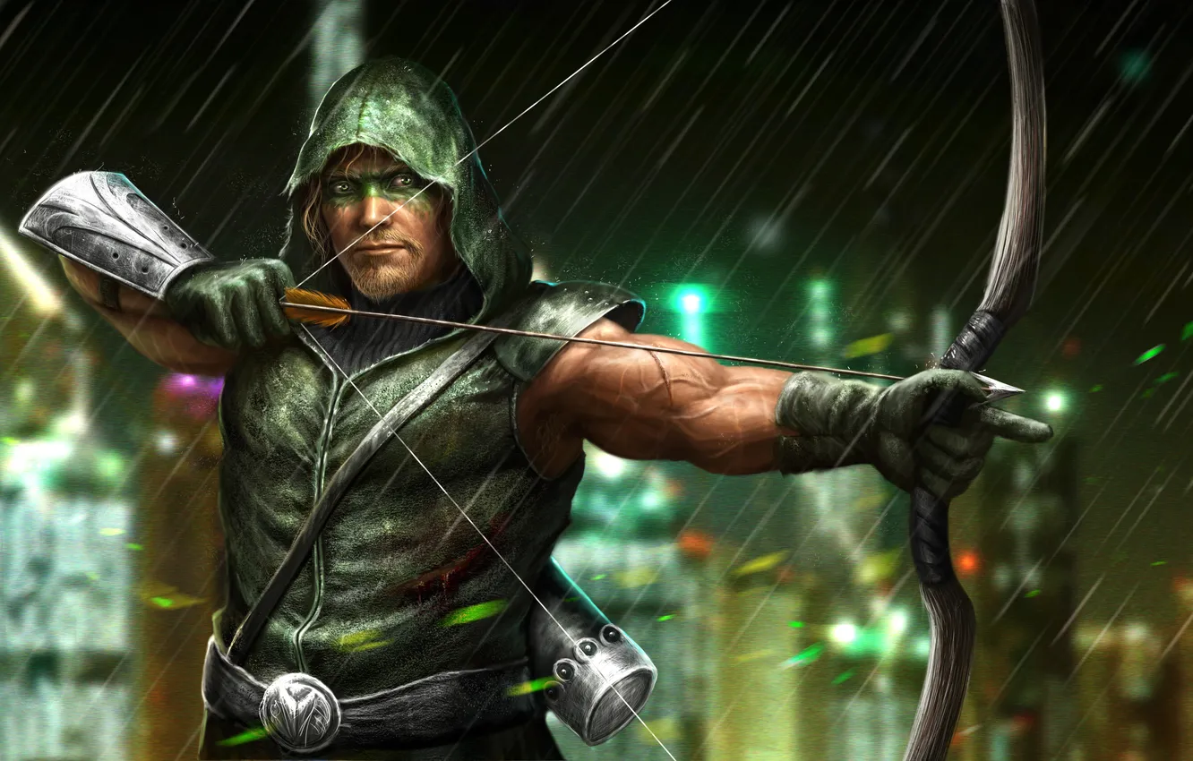 Фото обои дождь, лук, арт, капюшон, мужчина, лучник, Green Arrow, Зеленая Стрела