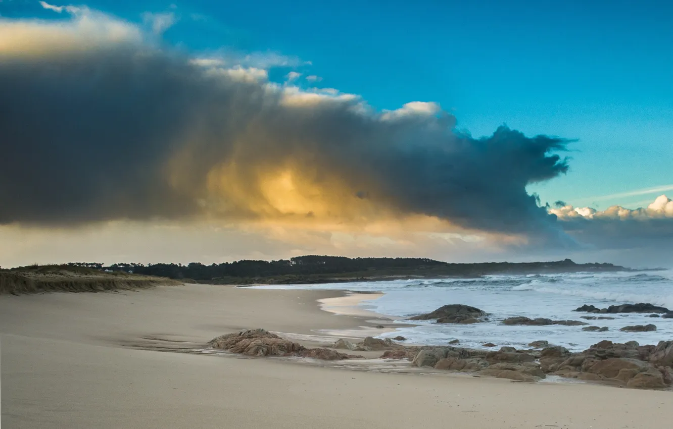 Фото обои песок, море, небо, облака, берег