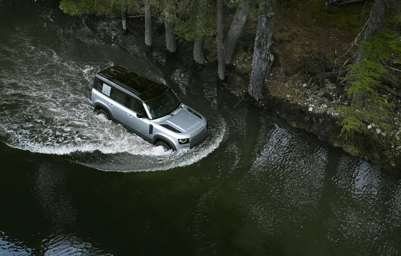 Фото обои авто, вода, река, Land Rover, Range Rover, Defender, 110