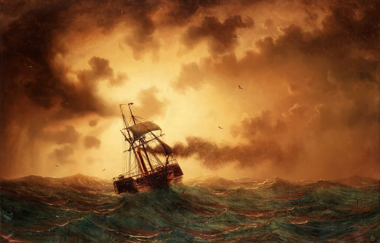 Фото обои море, волны, солнце, тучи, корабль, marcus larson, маринистика