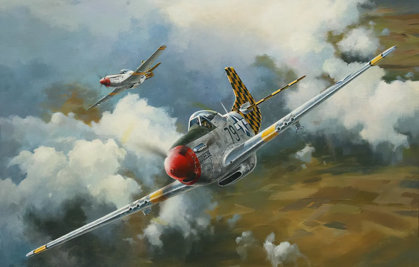 Фото обои war, art, airplane, aviation, ww2, p51 d mustang