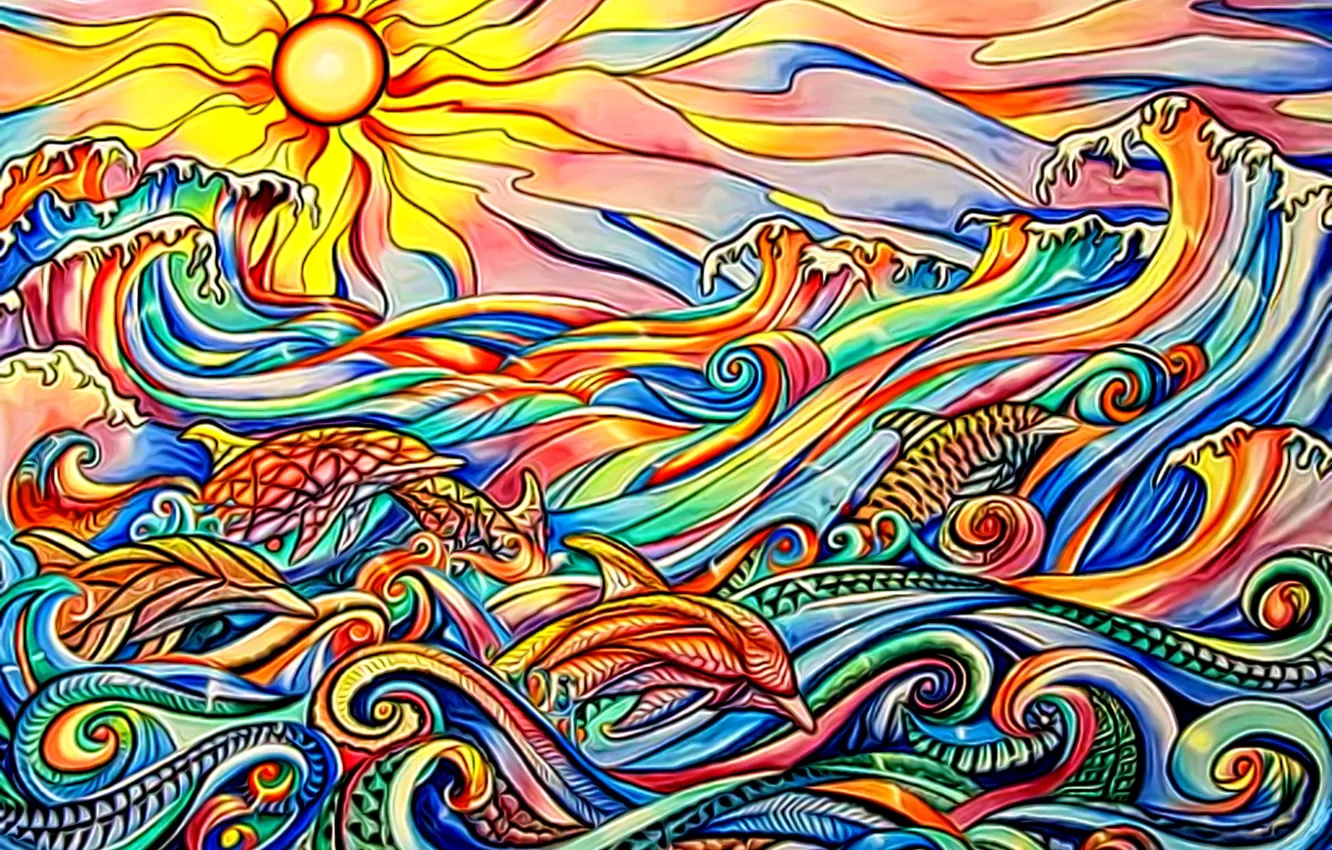 Фото обои море, волны, небо, солнце, закат, абстракция, дельфины, игра красок