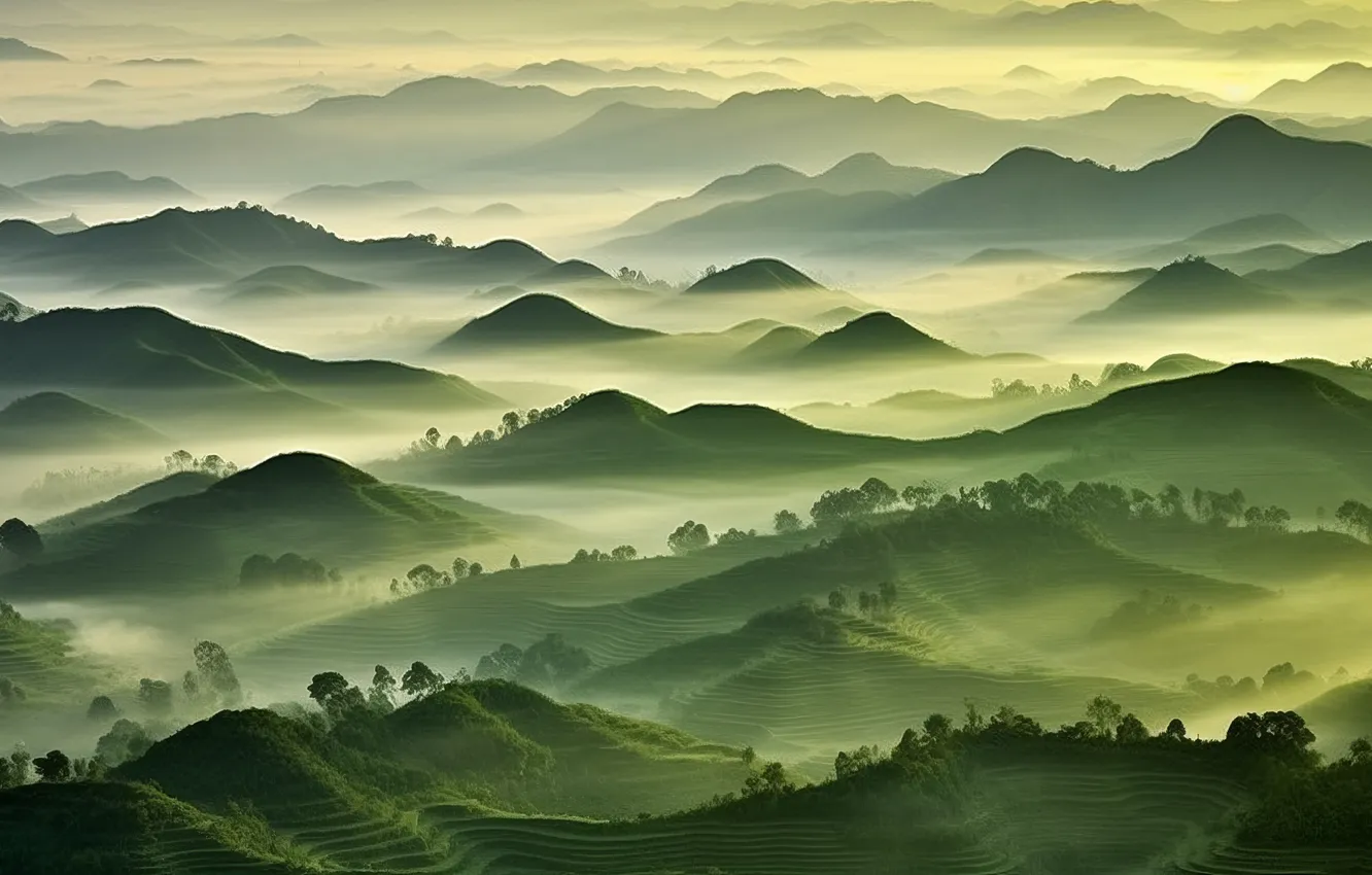 Фото обои green, landscape, mountains, mist, rice fields, AI art