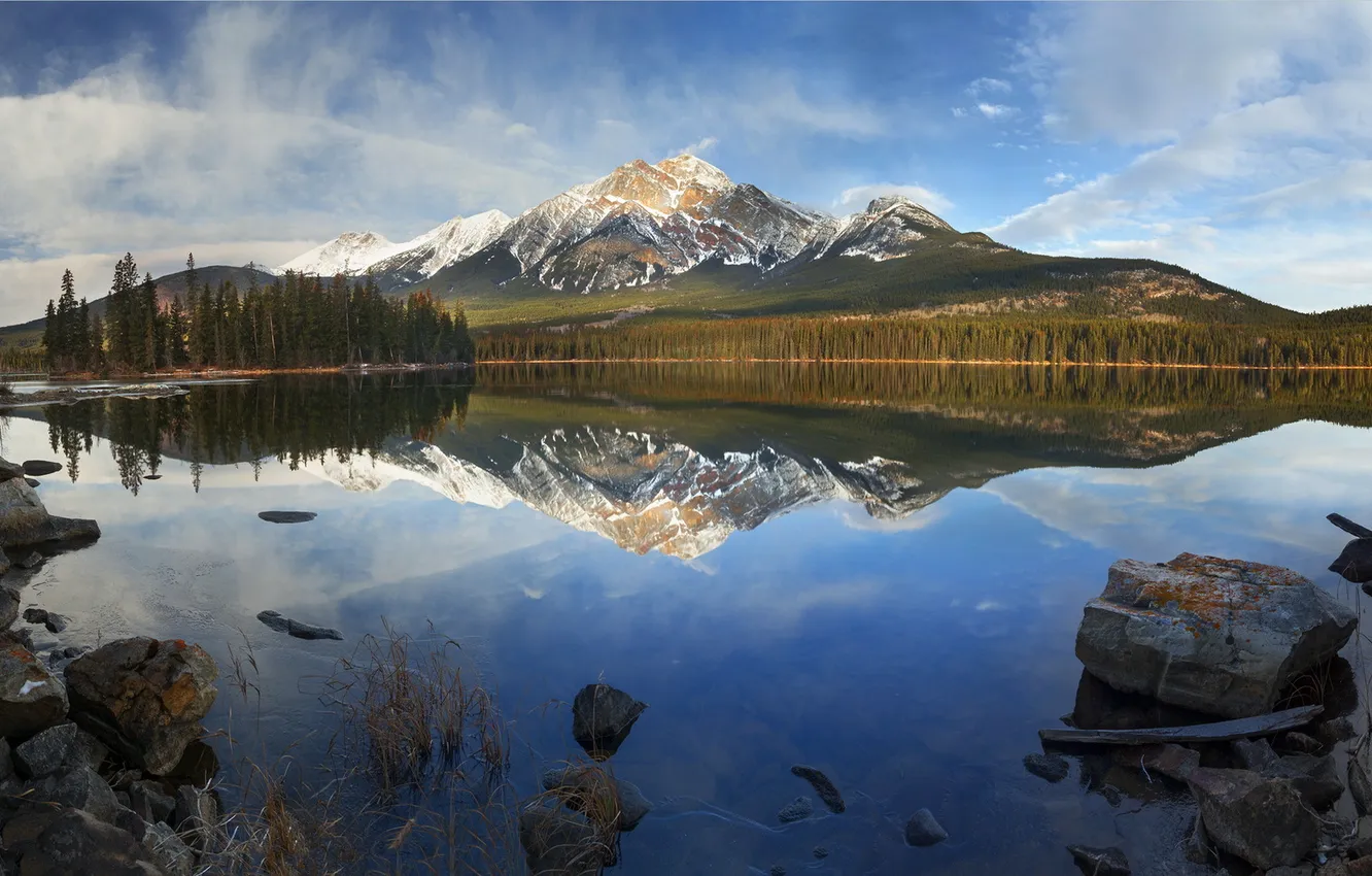 Фото обои Jasper National Park, Rocks, Lake, Pyramid Island