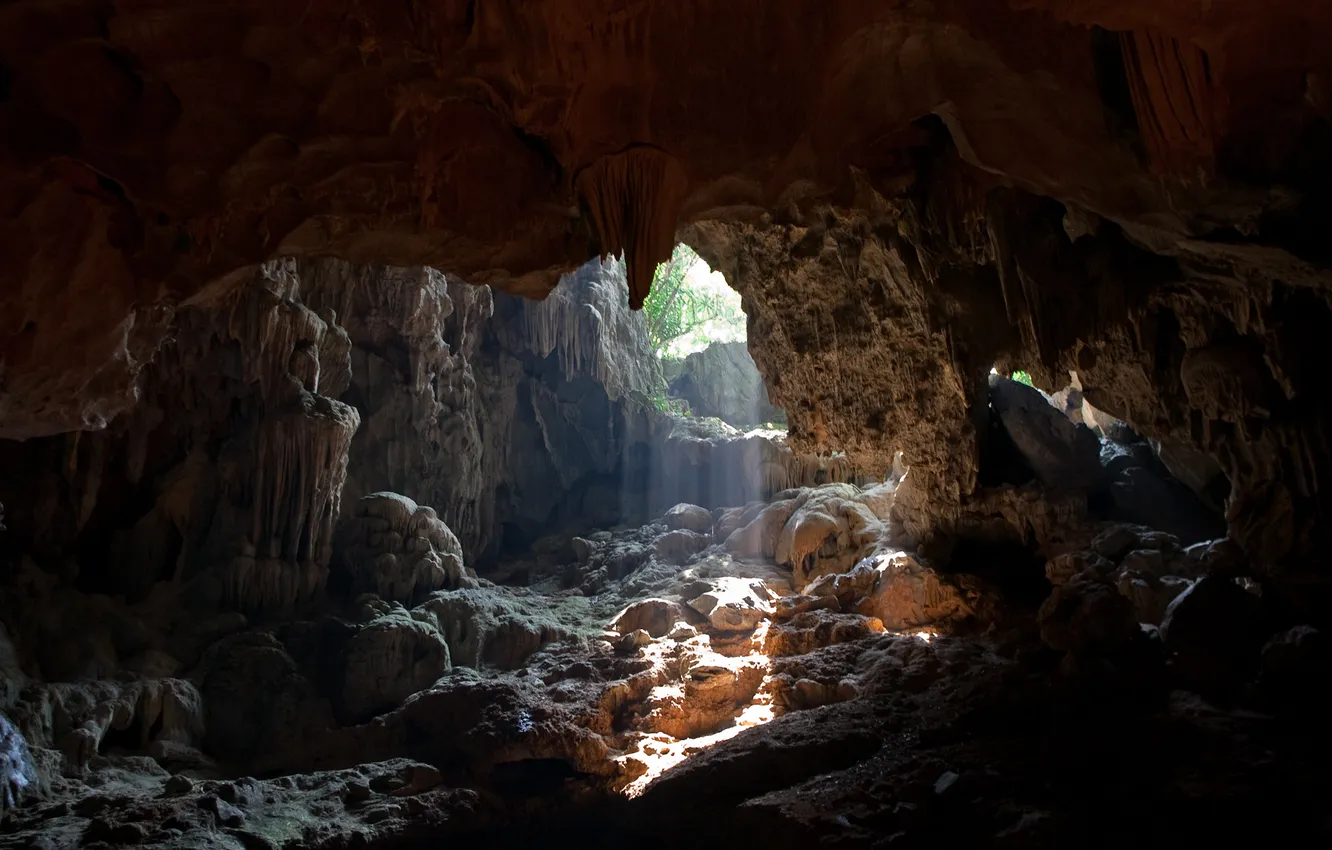 Фото обои свет, скалы, пещера