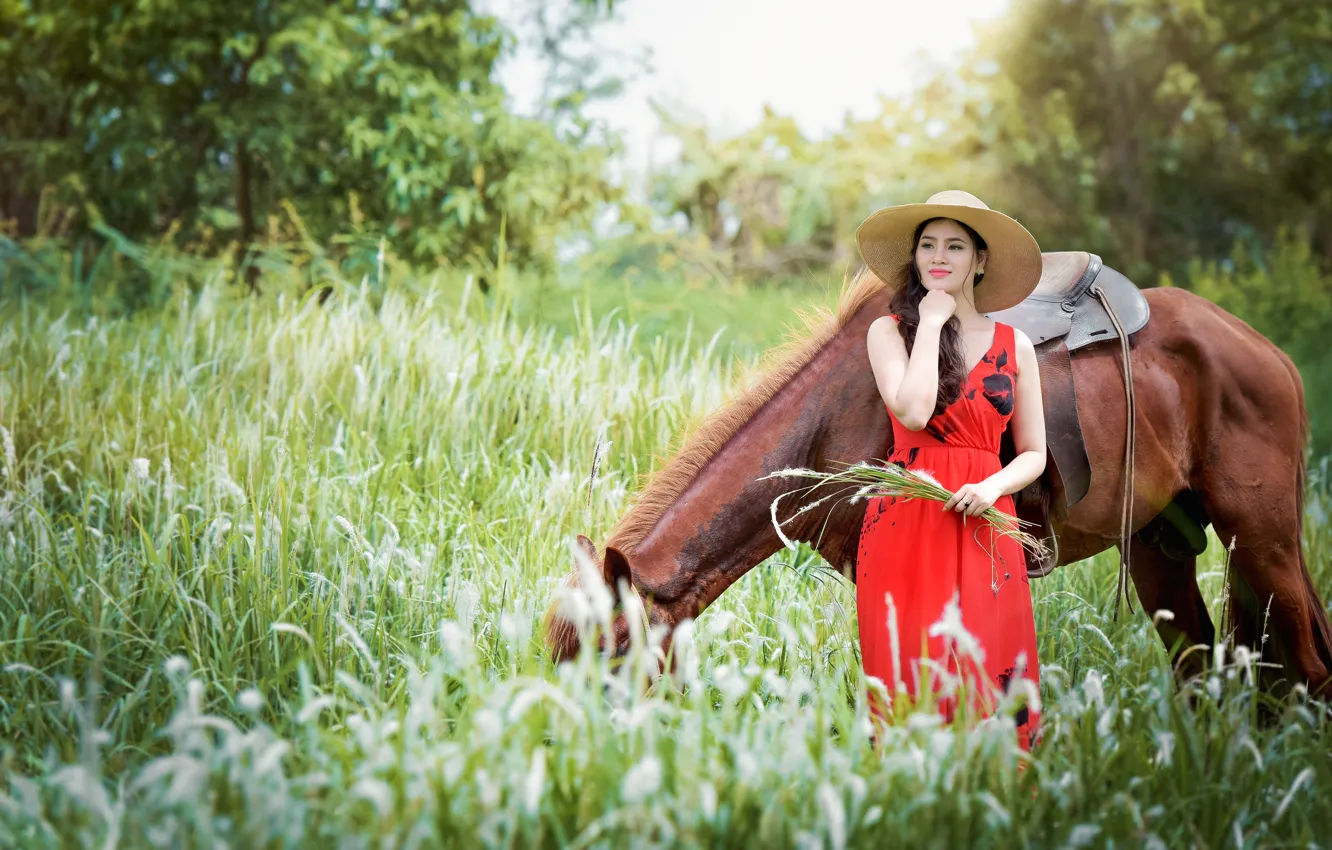 Фото обои девушка, природа, конь, лошадь, шляпа, платье