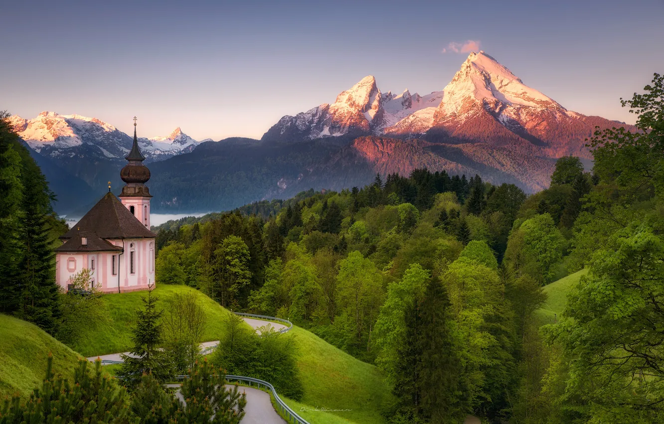 Фото обои лес, горы, весна, Германия, Бавария, церковь