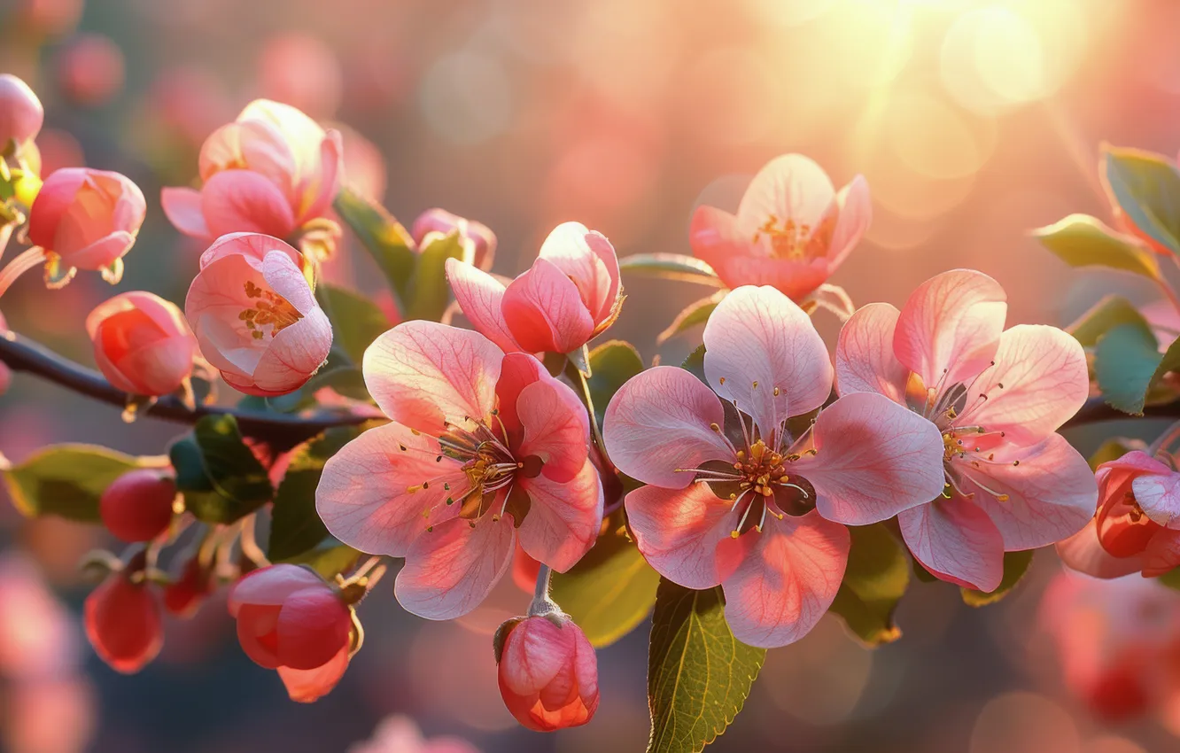 Фото обои свет, цветы, ветка, весна, лепестки, розовые, яблоня, цветение