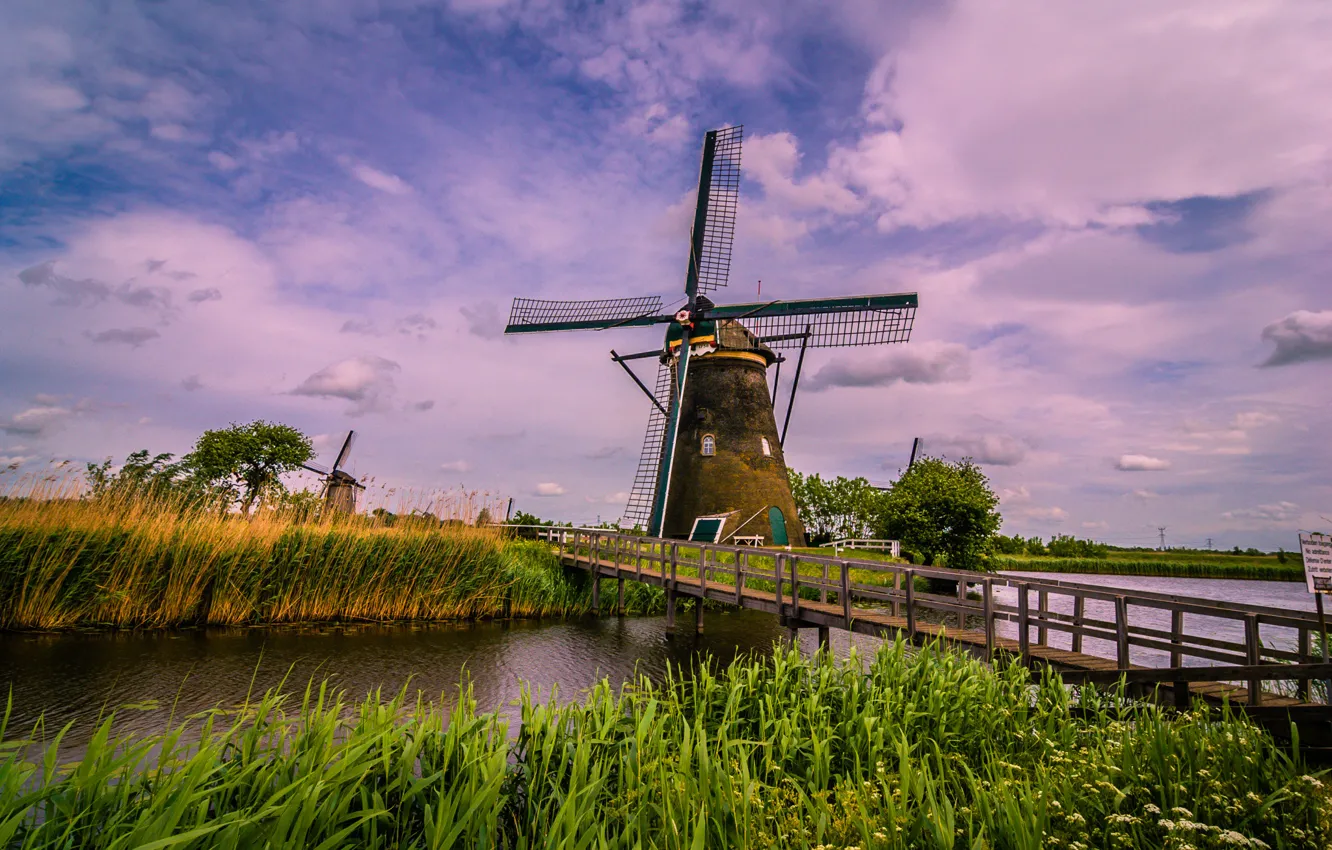 Фото обои мост, река, канал, Нидерланды, ветряная мельница, Киндердейк, Киндердайк