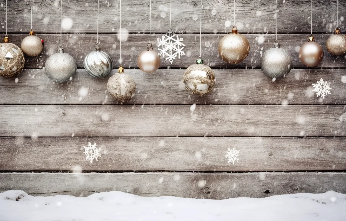 Фото обои снег, украшения, шары, Новый Год, Рождество, golden, new year, Christmas