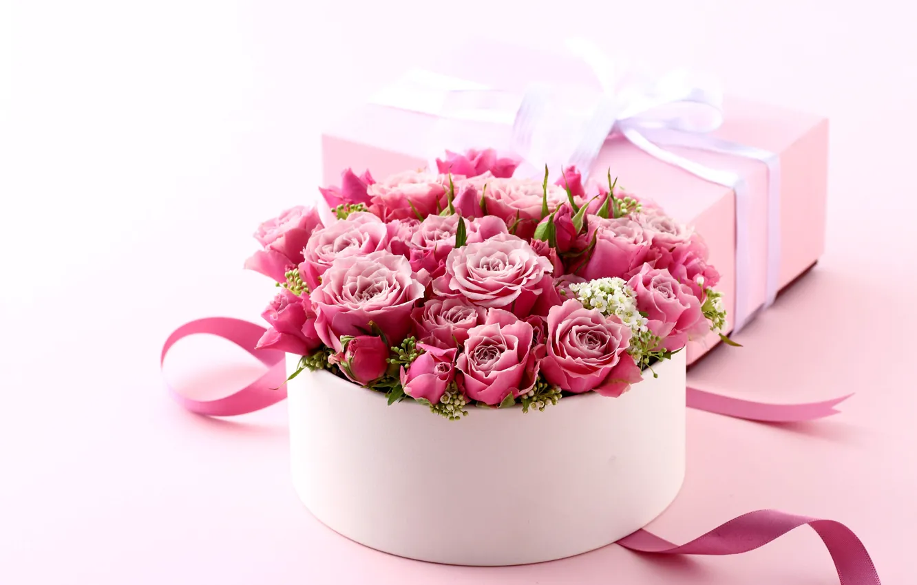 Фото обои коробка, подарок, розы, букет, love, розовые, heart, pink