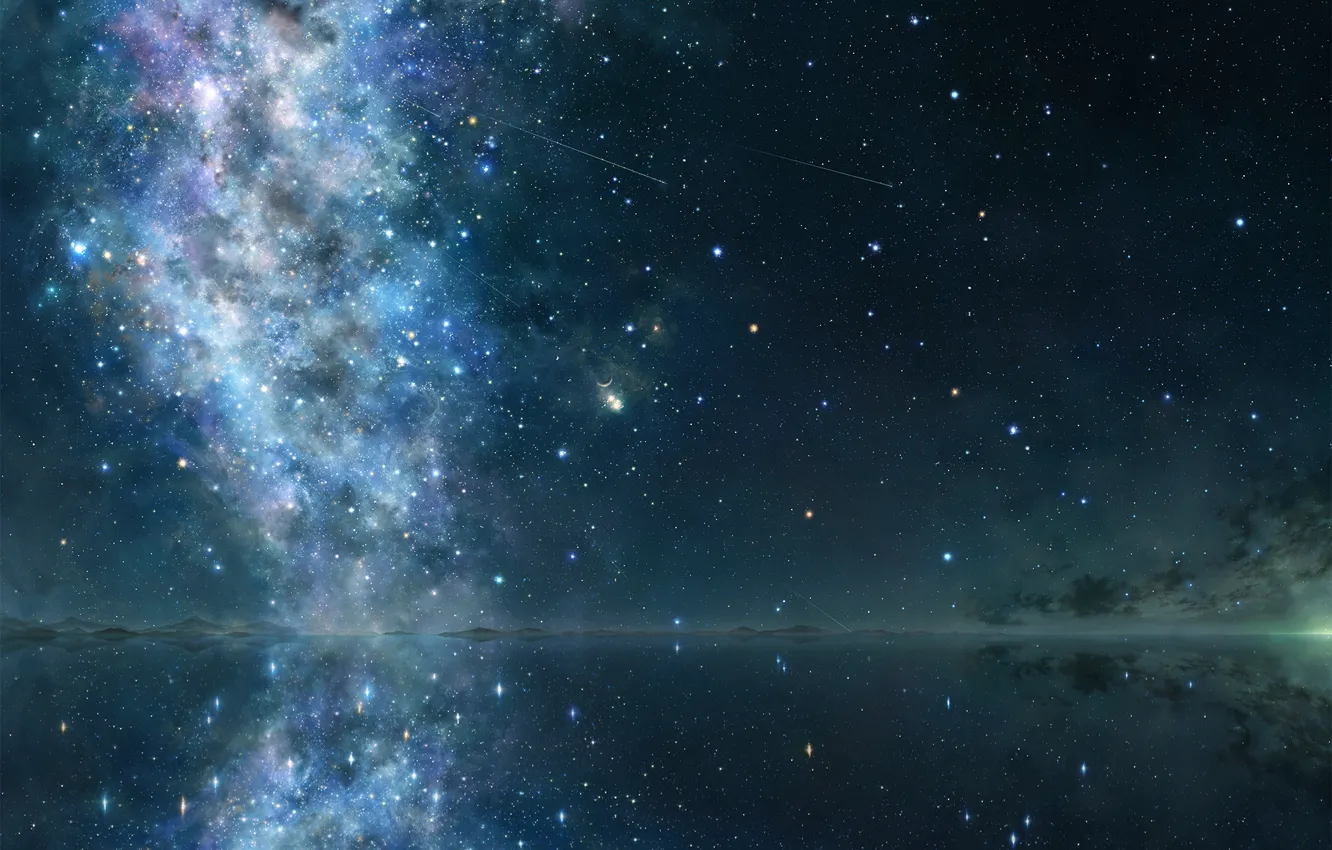 Фото обои небо, космос, звезды, отражение, арт, iy tujiki