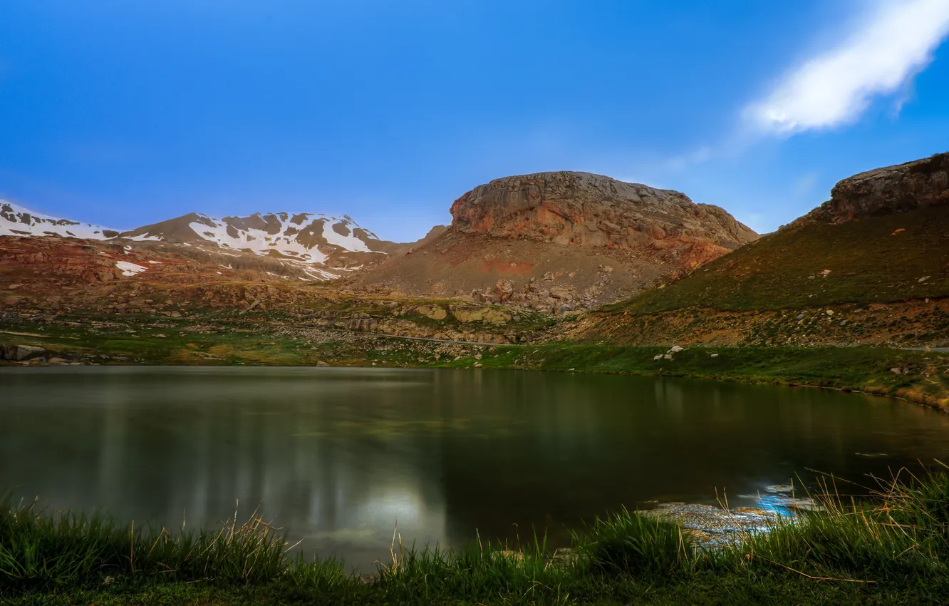 Фото обои горы, озеро, камни, берег, Франция, La Pregonde