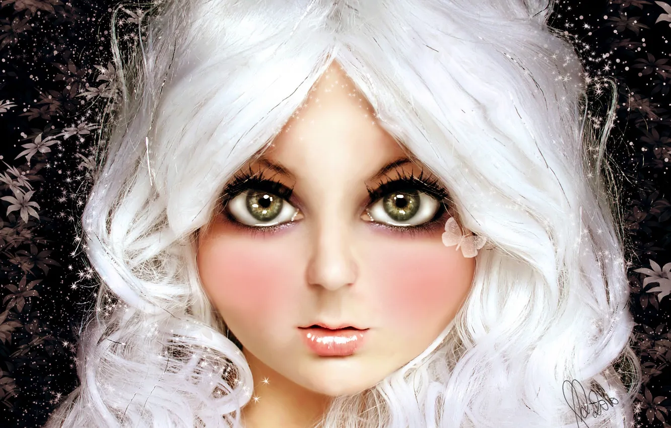 Фото обои глаза, взгляд, бабочка, волосы, кукла, блондинка, девочка, кудри