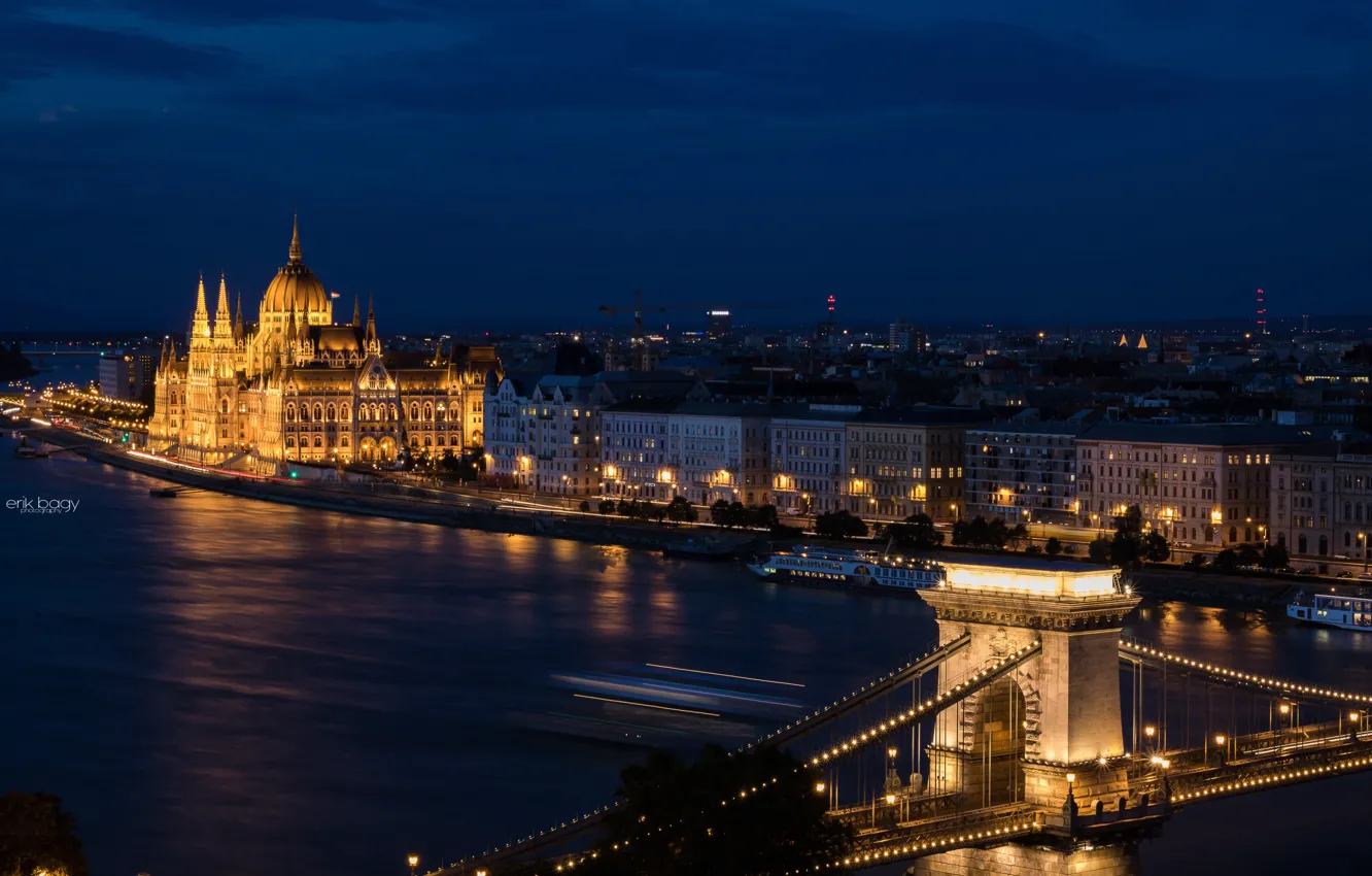 Фото обои огни, Парламент, Венгрия, Будапешт, Дунай, Цепной мост