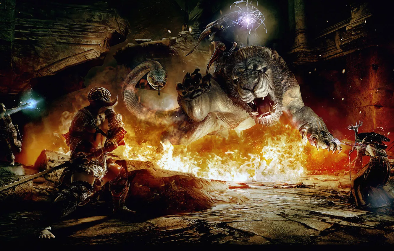 Фото обои монстр, воин, маг, битва, лучник, Dragons Dogma