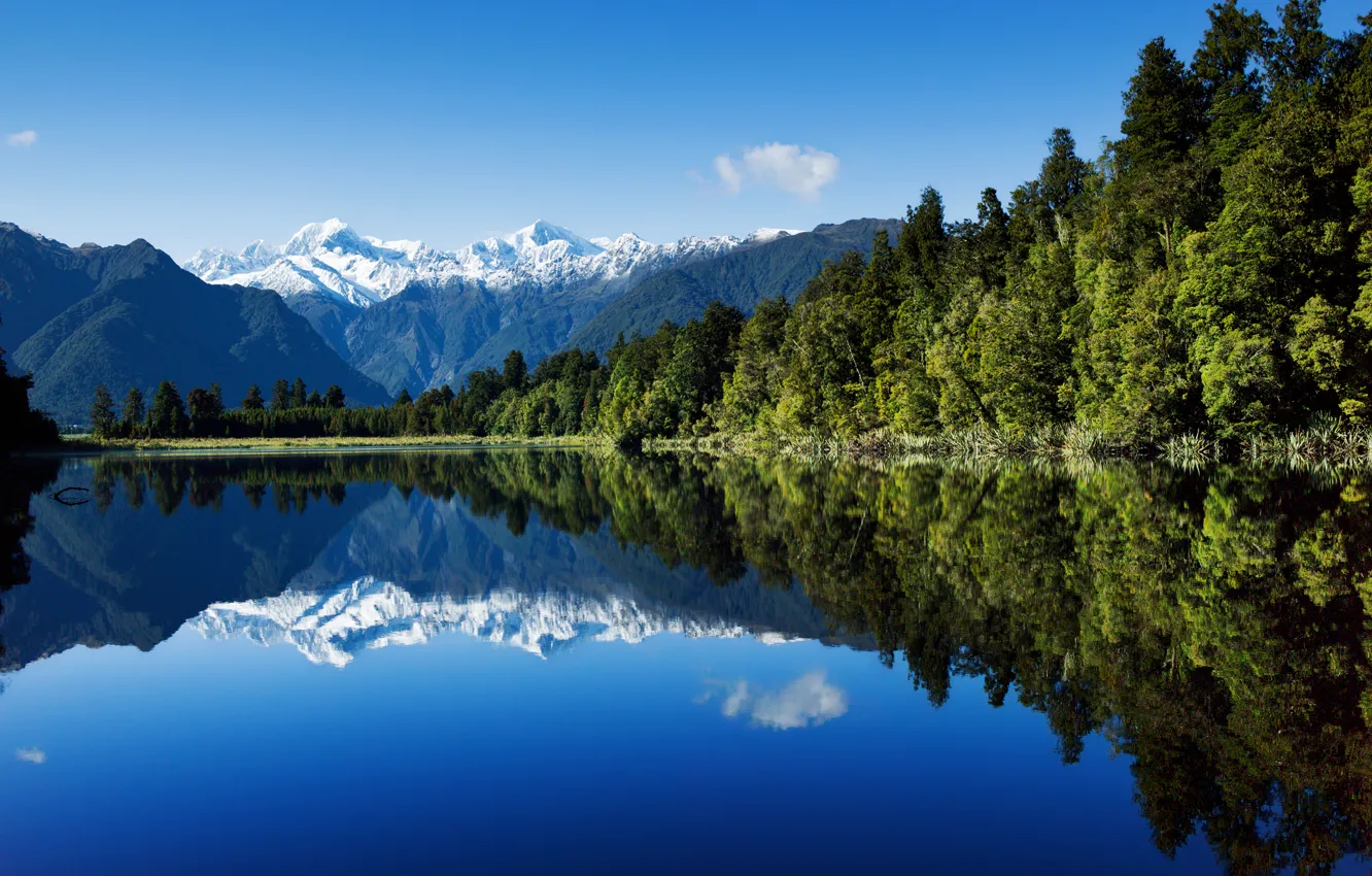 Фото обои лес, небо, вода, горы, озеро, отражение, новая зеландия