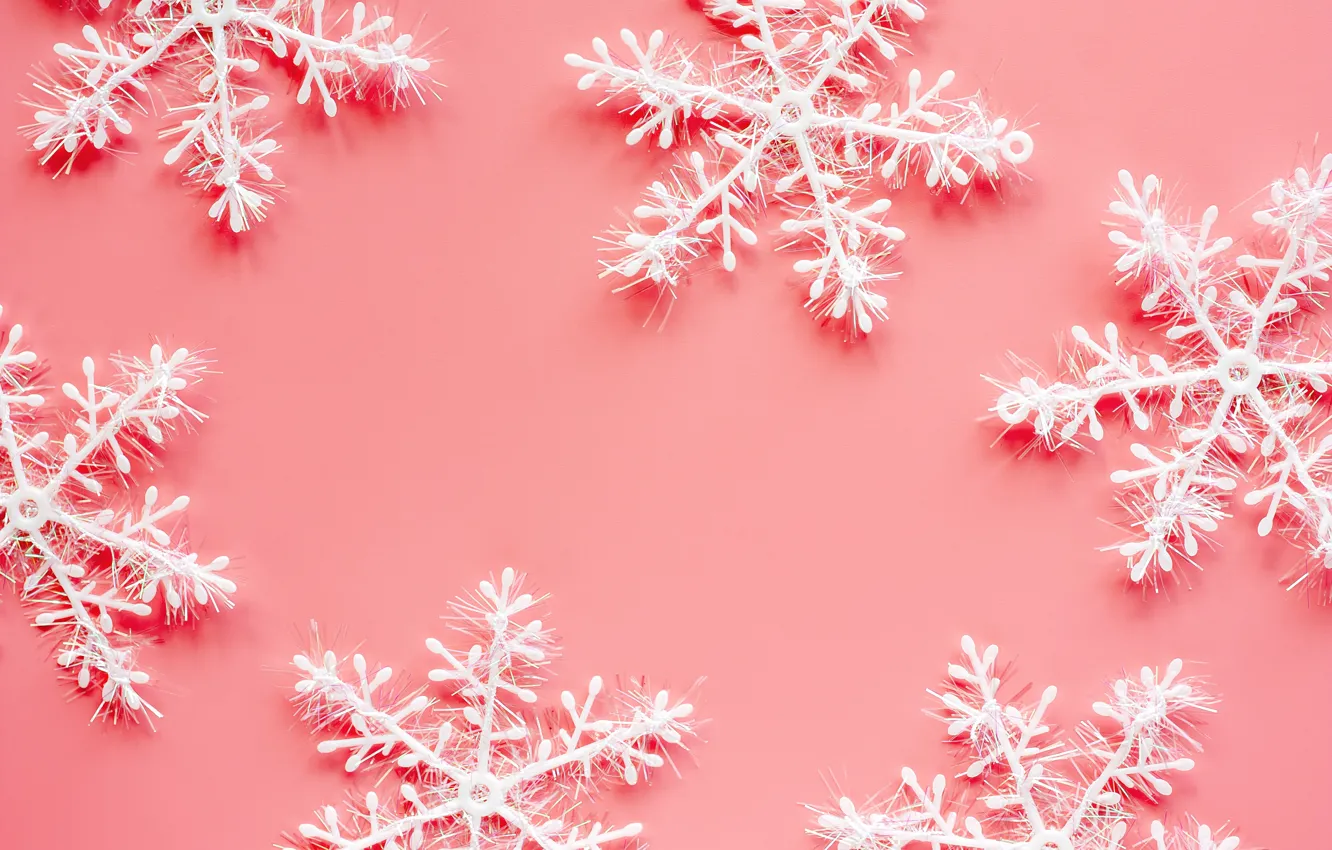Фото обои зима, снежинки, фон, розовый, Christmas, pink, winter, background