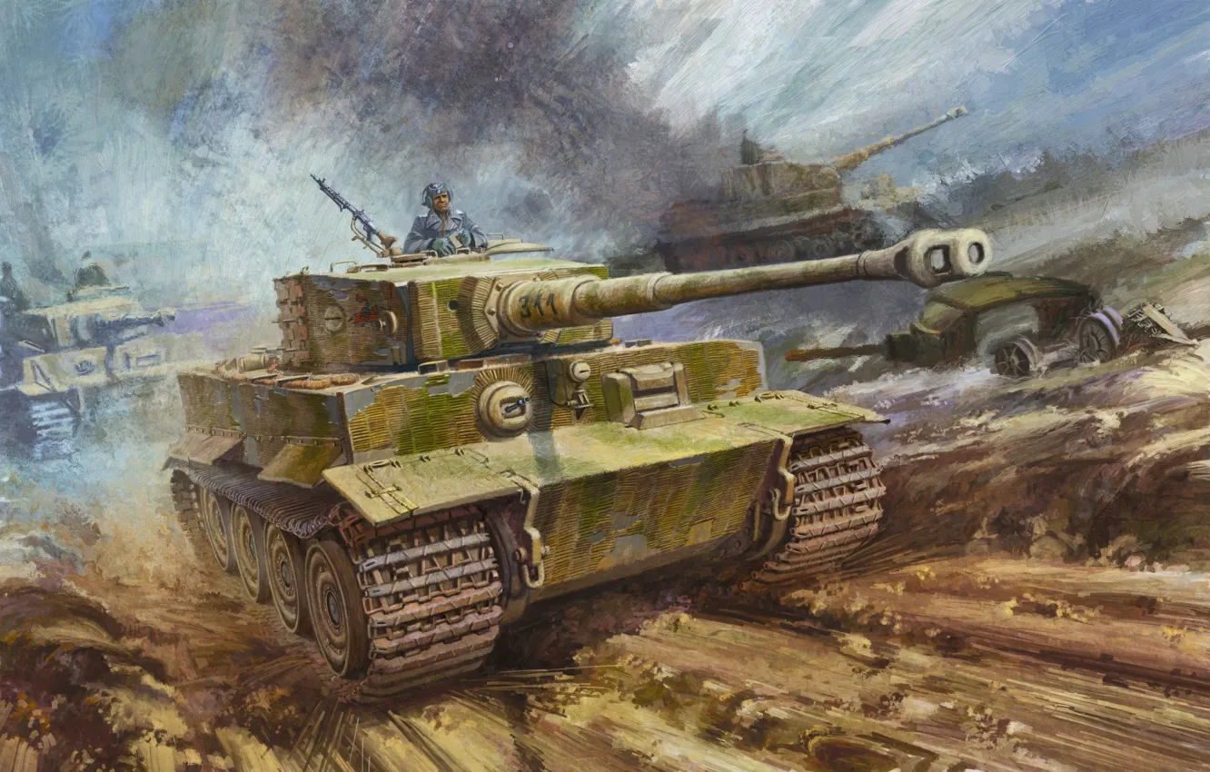 Фото обои тигр, рисунок, вторая мировая, немцы, вермахт, тяжелый танк, PzKpfw VI, 505 тяжелый танковый батальон