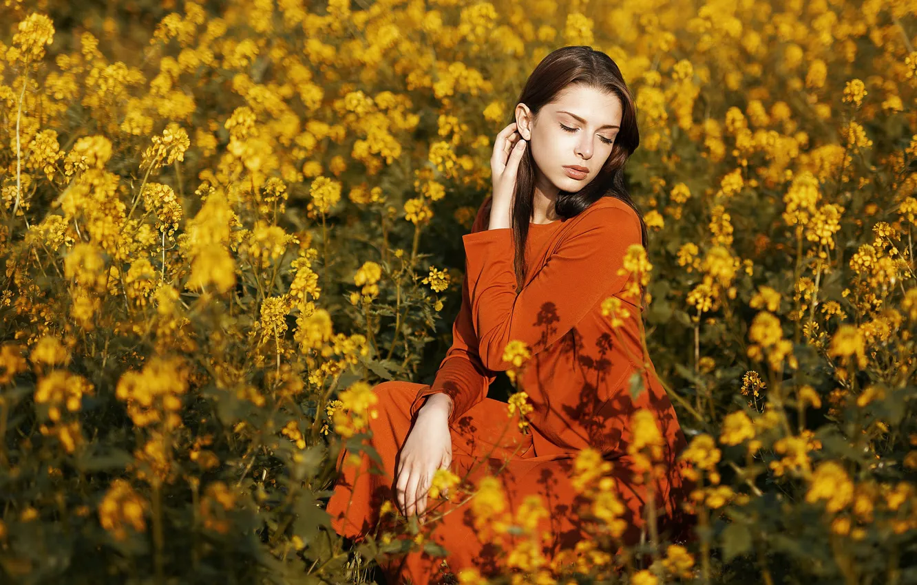 Фото обои поле, лето, девушка, цветы, природа, поза, брюнетка, красивая