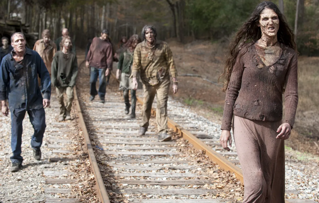 Фото обои metal, zombies, railroad, The walking dead, many makeup