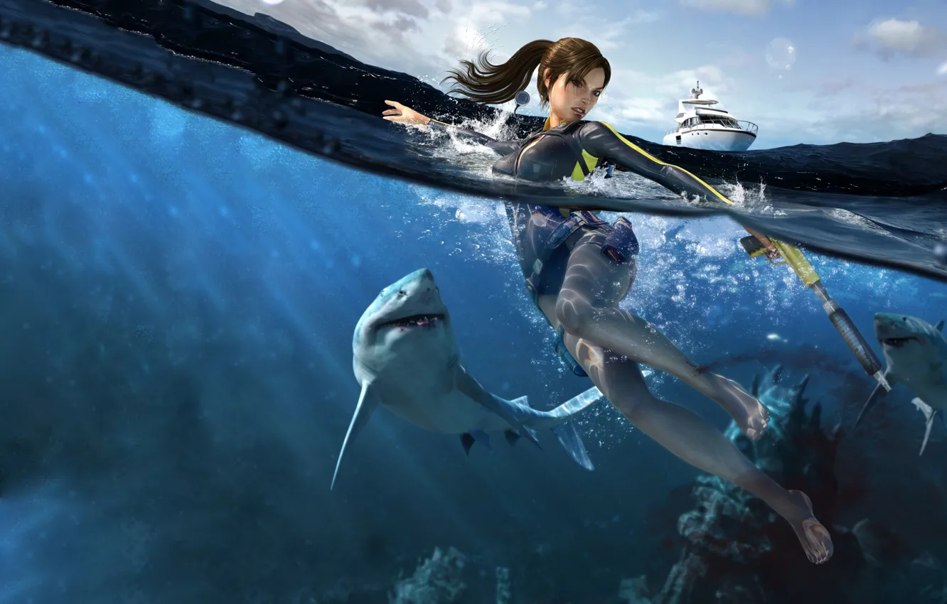 Фото обои вода, акула, яхта, lara croft, tomb raider underworld