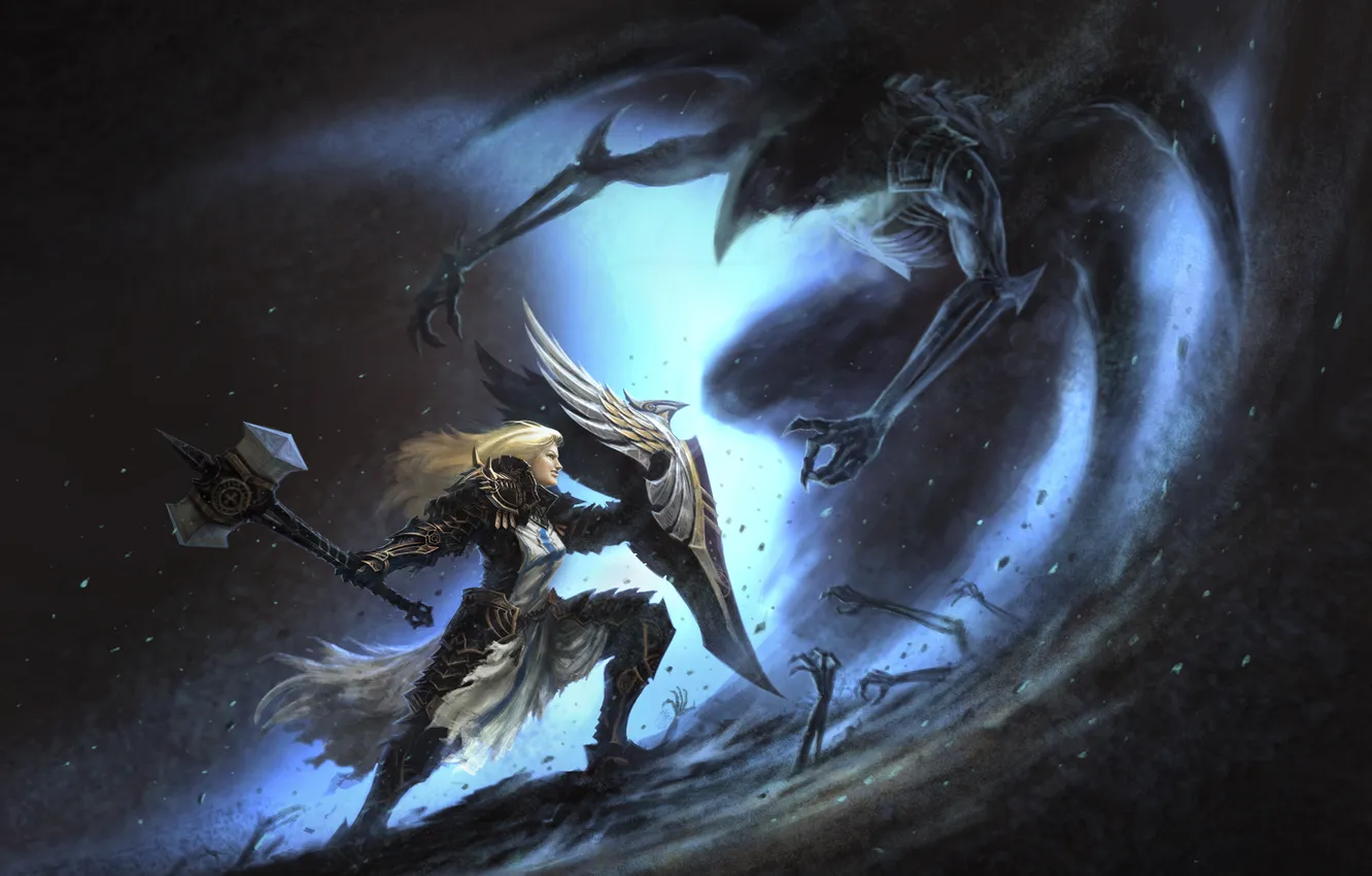 Фото обои девушка, молот, щит, Diablo 3, crusader, reaper of souls, Diablo 3: Reaper of Souls