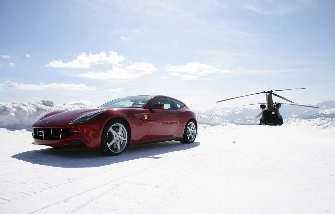 Фото обои снег, вертолет, Ferrari, красная, Snow, хетчбек, helicoter