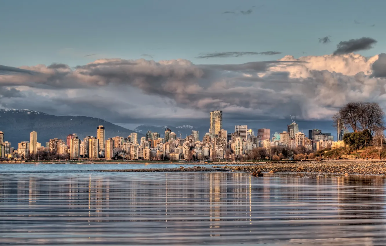 Фото обои облака, город, побережье, HDR, Канада, Ванкувер, British Columbia