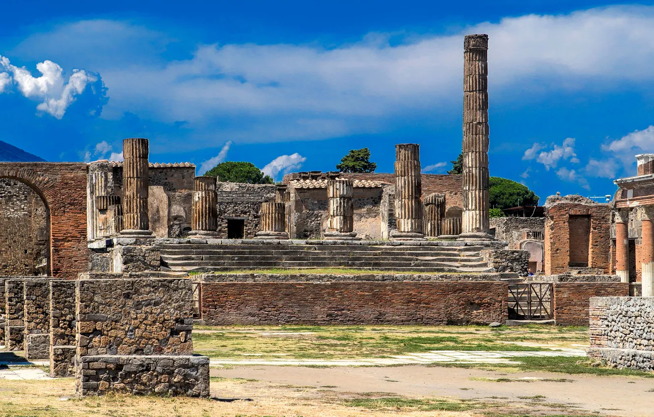 Фото обои небо, город, Италия, храм, руины, колонна, Помпеи