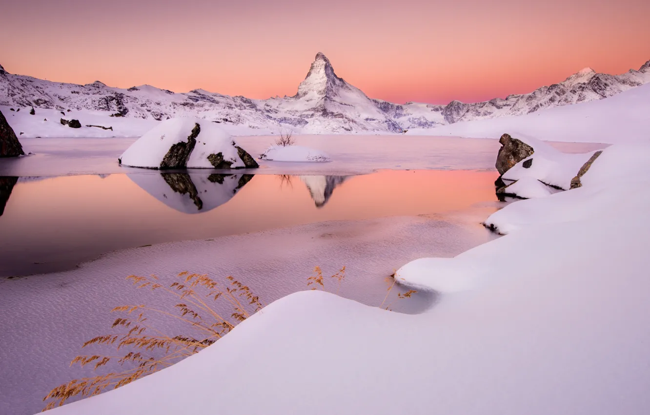 Фото обои зима, снег, горы, озеро, Альпы, гора Маттерхорн
