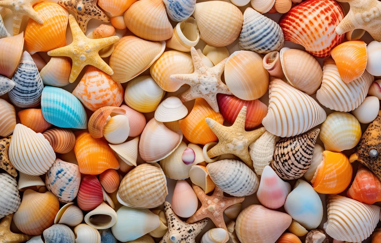 Фото обои пляж, фон, colorful, ракушки, beach, texture, background, морские звезды