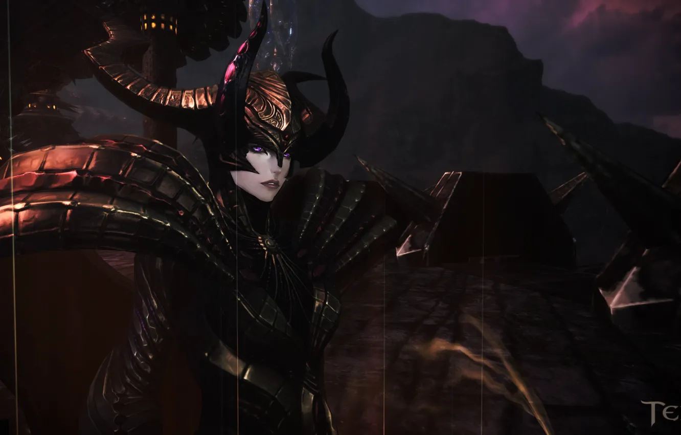Фото обои девушка, фон, игра, рога, шлем, tera