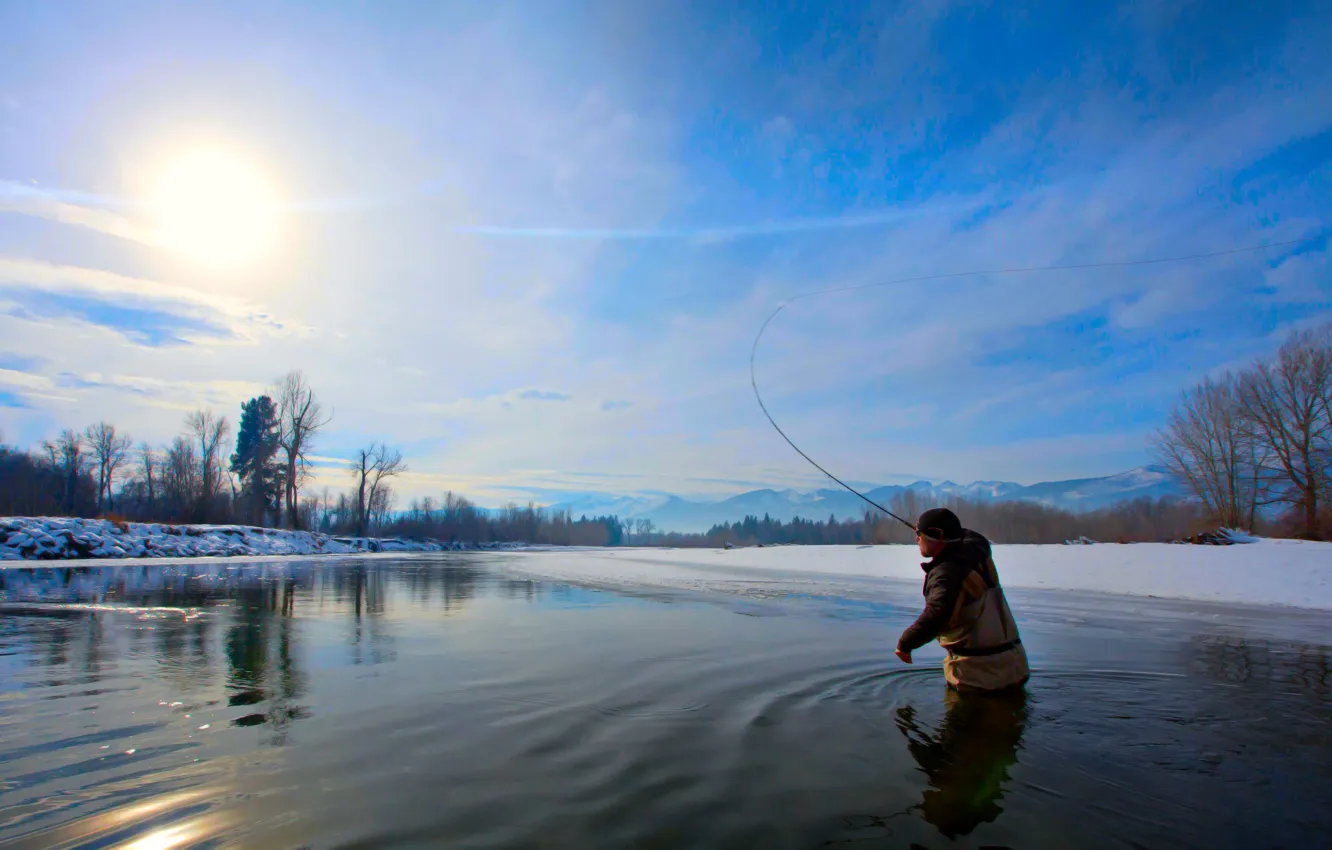 Фото обои солнце, река, мороз, Зимня рыбалка