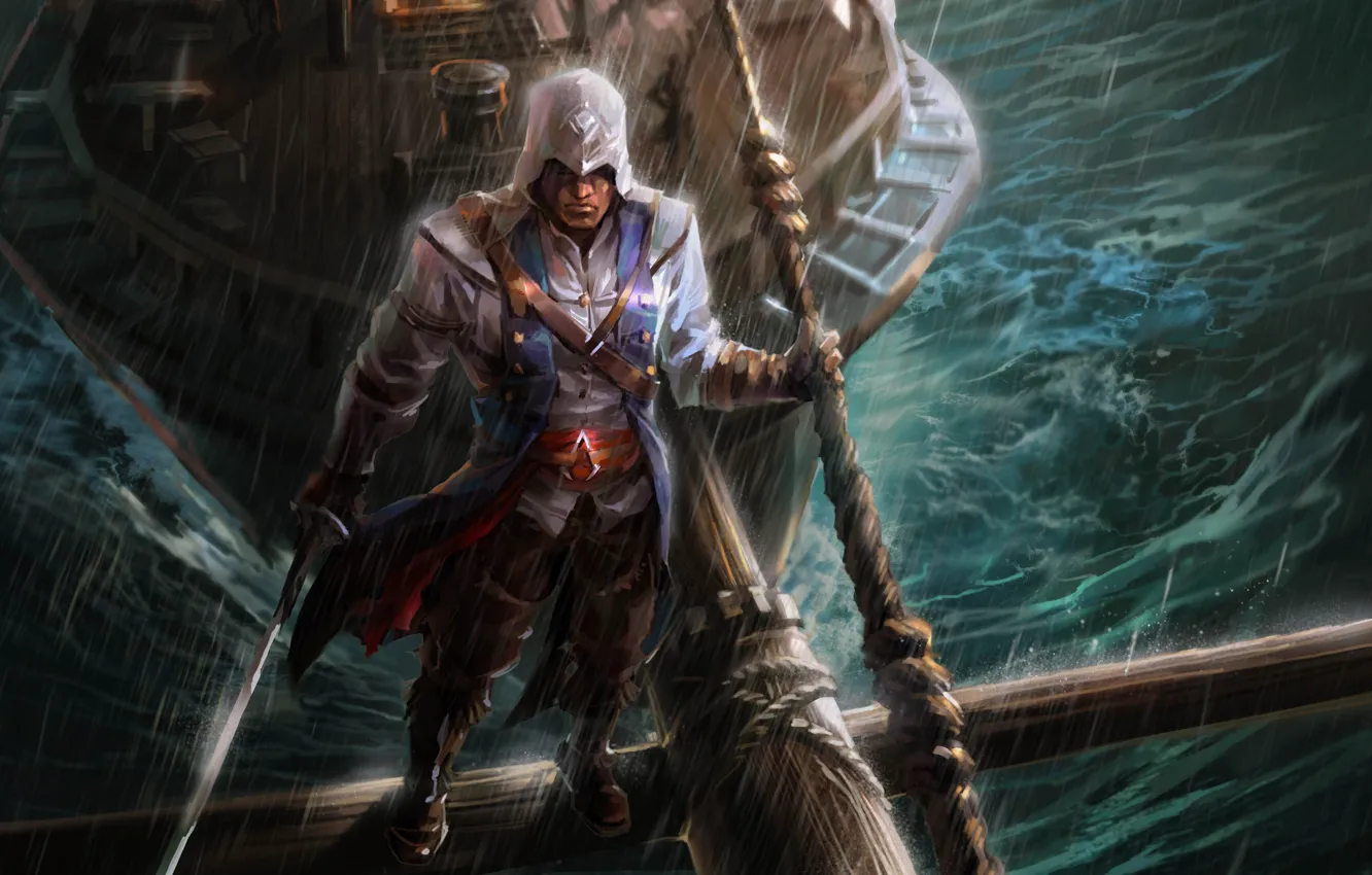 Фото обои дождь, корабль, балки, капюшон, парень, сабля, fan art, Assassin‘s Creed